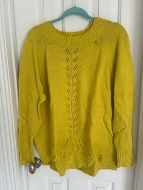 LOFT Mustard Yellow Crewneck Sweater with Leaf Stitch Detail